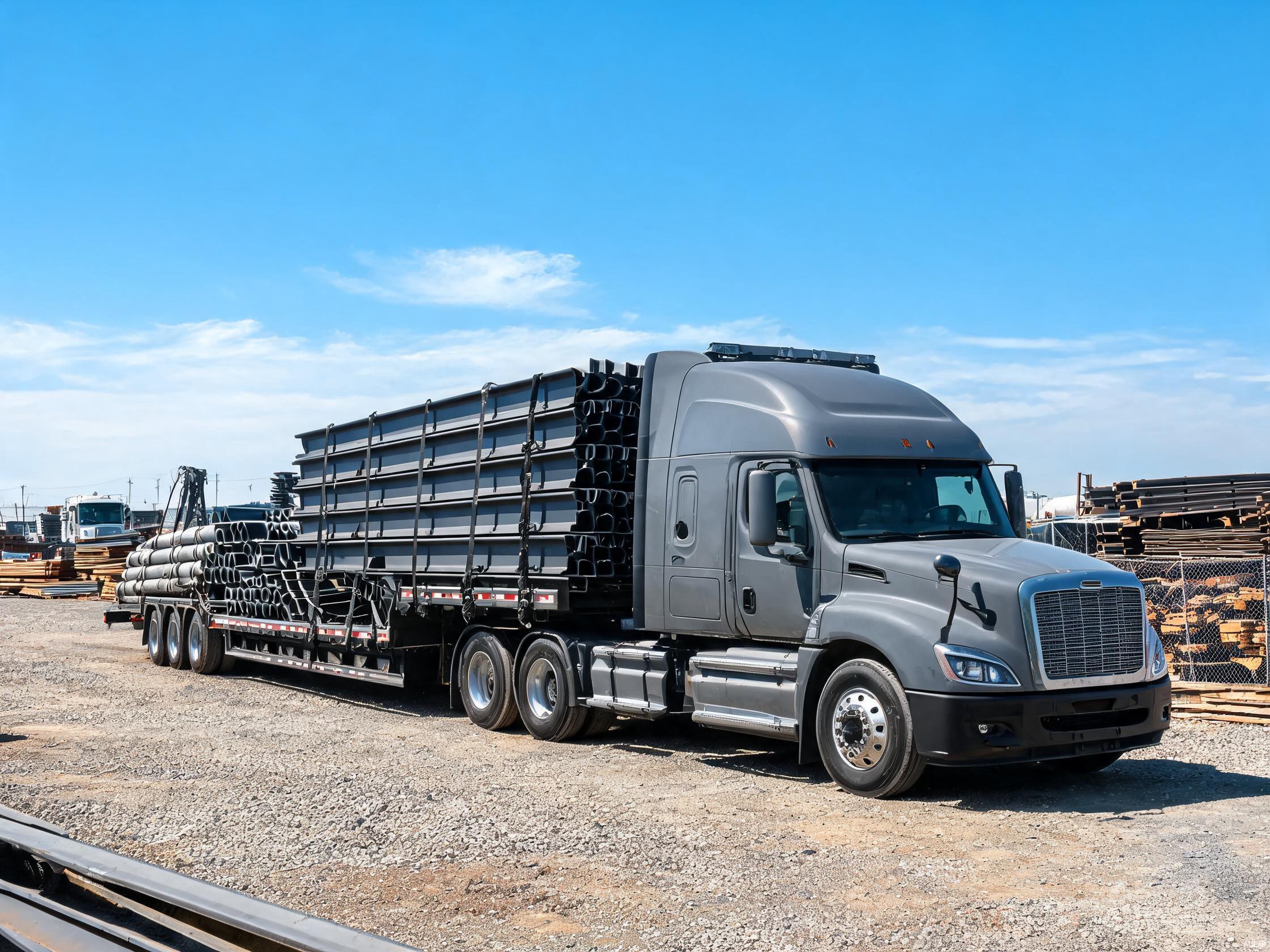 Flatbed truck loaded with steel and timber cargo secured with tarpaulin