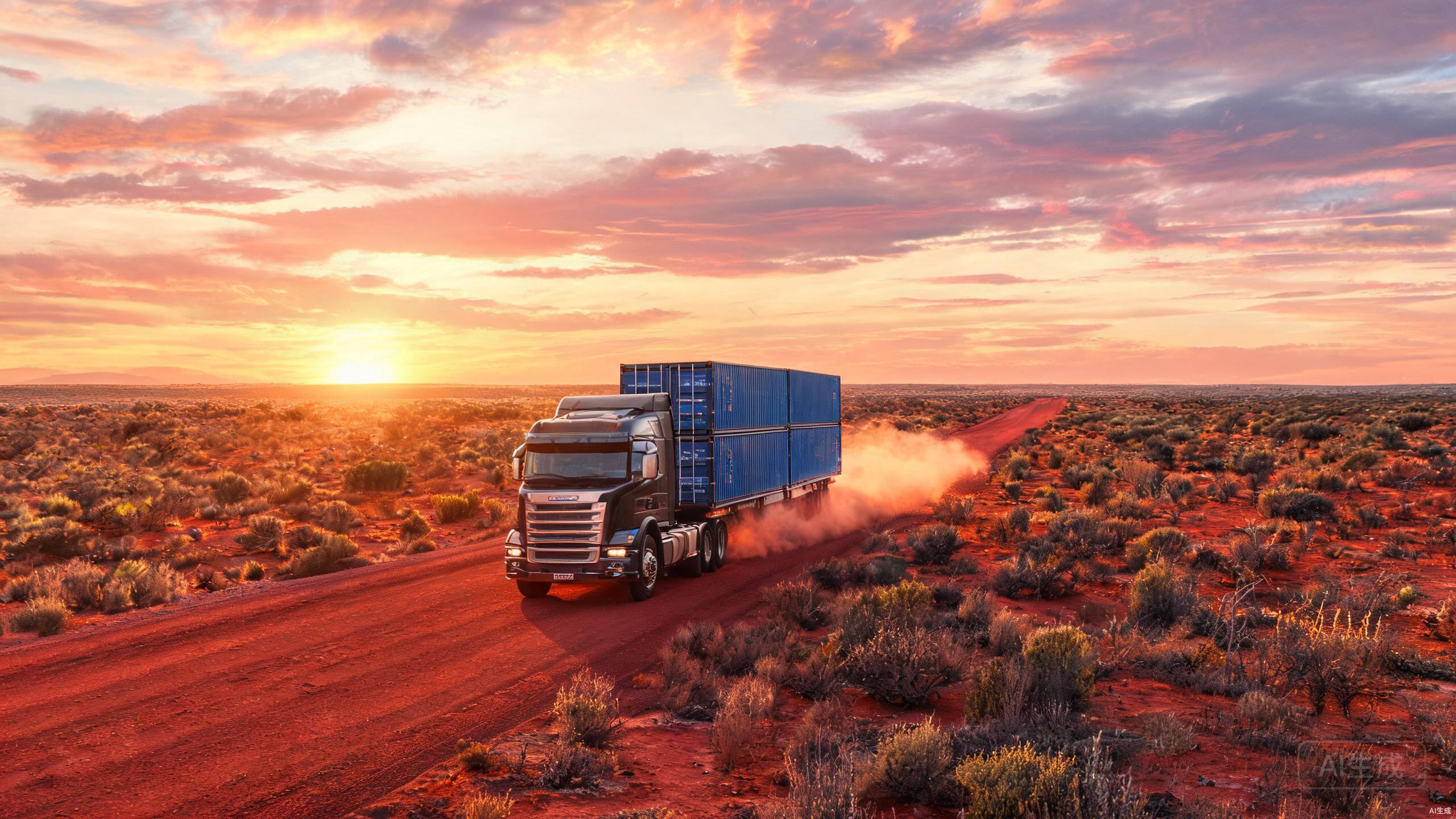 B-double truck on Australian highway at sunrise
