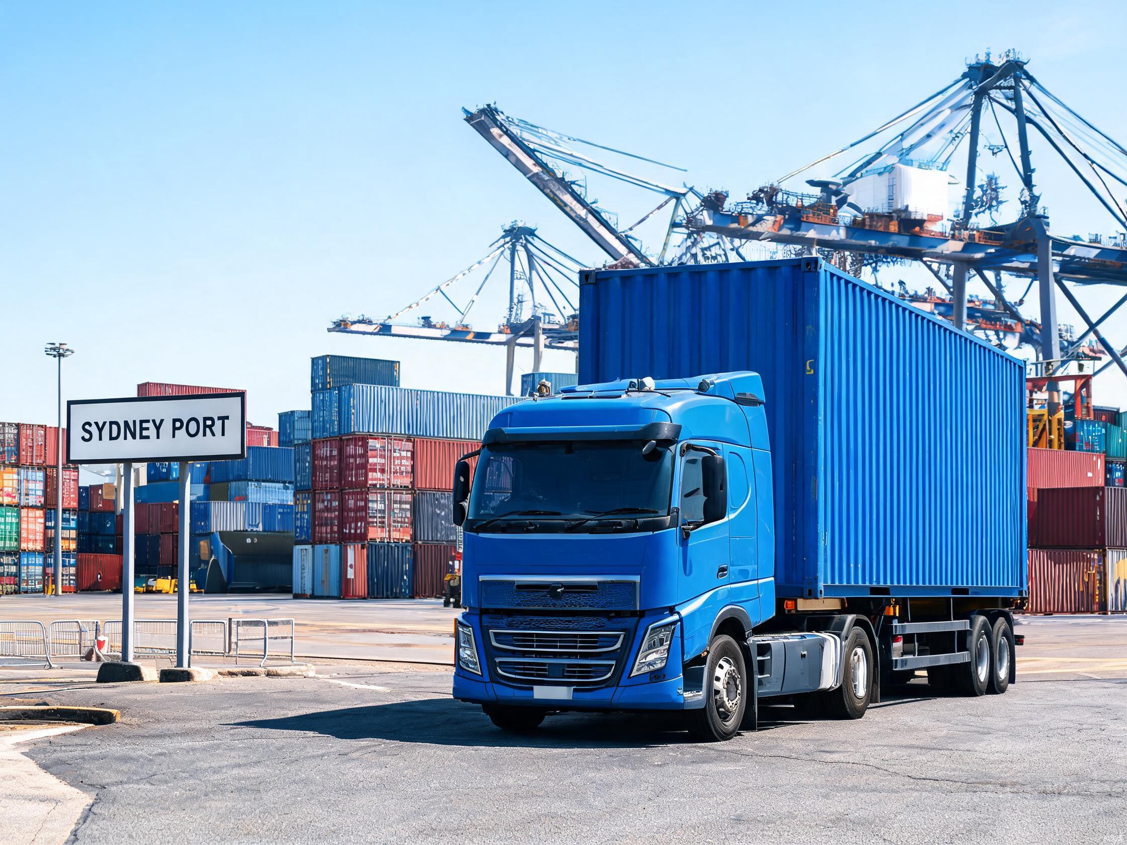 Container cartage truck collecting a shipping container from Port Botany